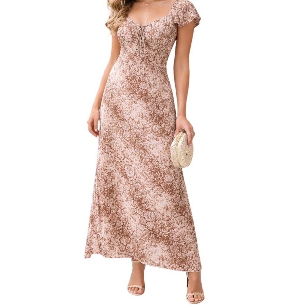 WAYF Melissa Brown Snake Print Lace Trimmed Flutter Sleeve Maxi Dress Sz S NWT